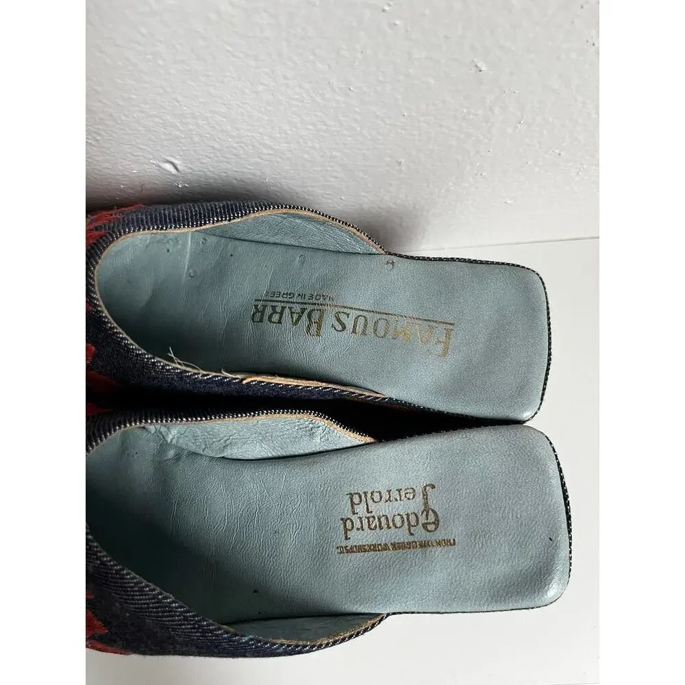 Vintage 60s Platform Mule Heels | Embroidered Denim Peep Toe | Mod Folk | Size 6 - Picture 9 of 10